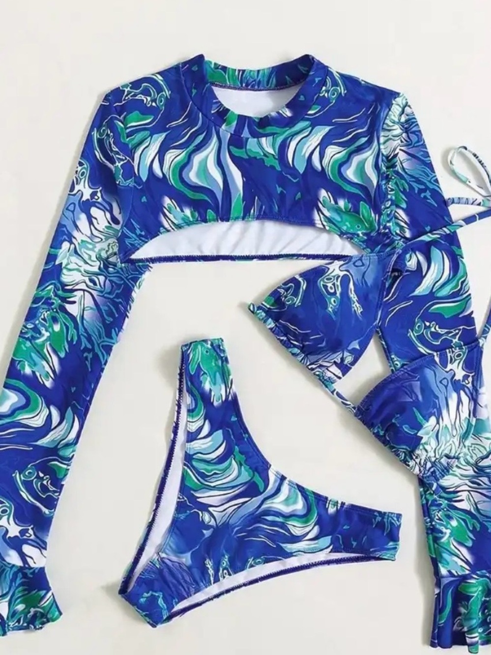 3 piece marbled abstract bikini swimsuit top women’s size large blue white